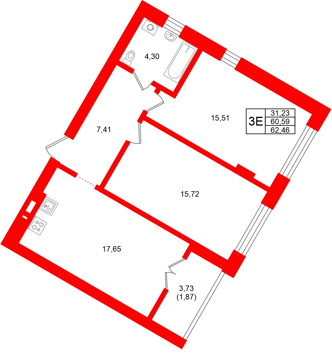 Квартира в ЖК «Включи», 2 комнатная, 62.46 м², 4 этаж