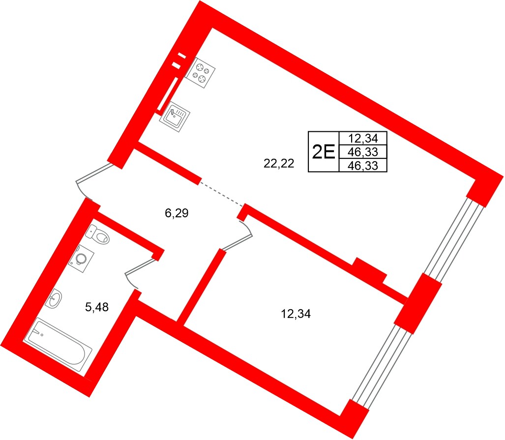 Квартира в ЖК «Включи», 1 комнатная, 46.33 м², 1 этаж