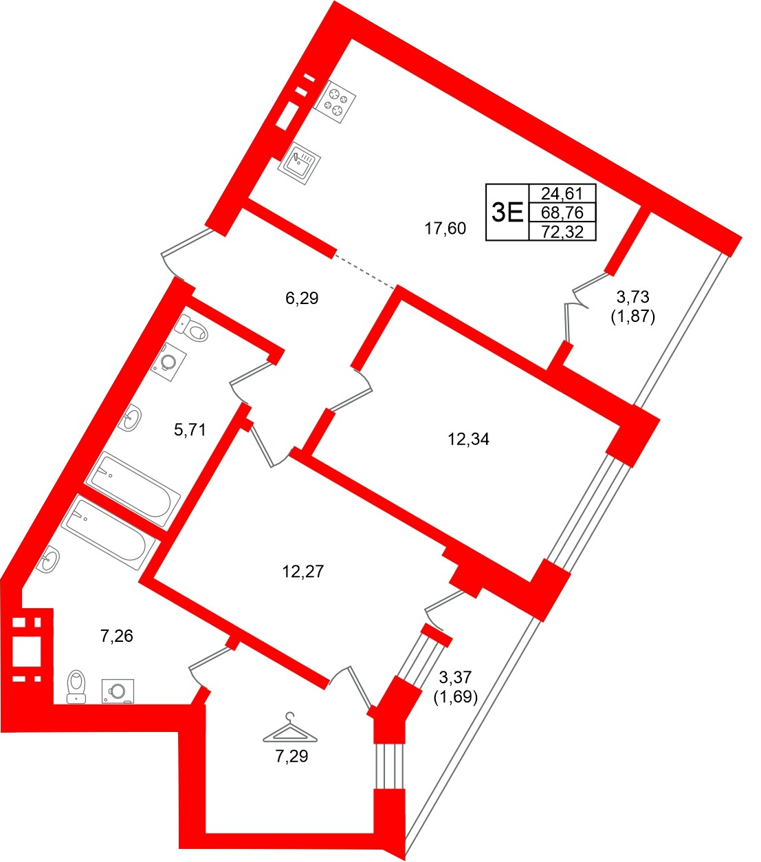 Квартира в ЖК «Включи», 2 комнатная, 72.32 м², 7 этаж