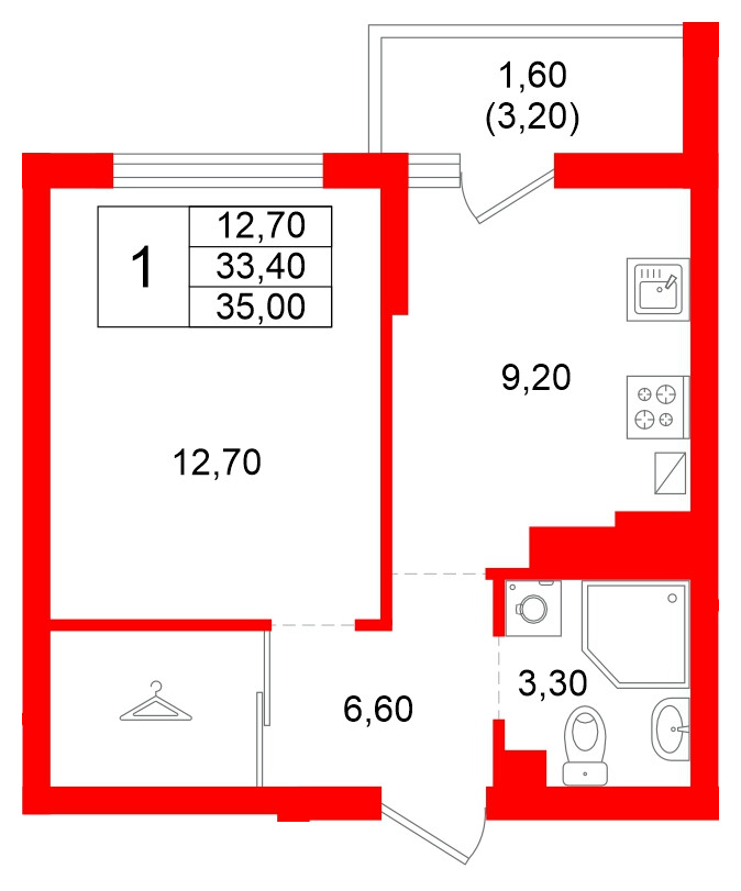 Квартира в ЖК Левада, 1 комнатная, 33.4 м², 4 этаж