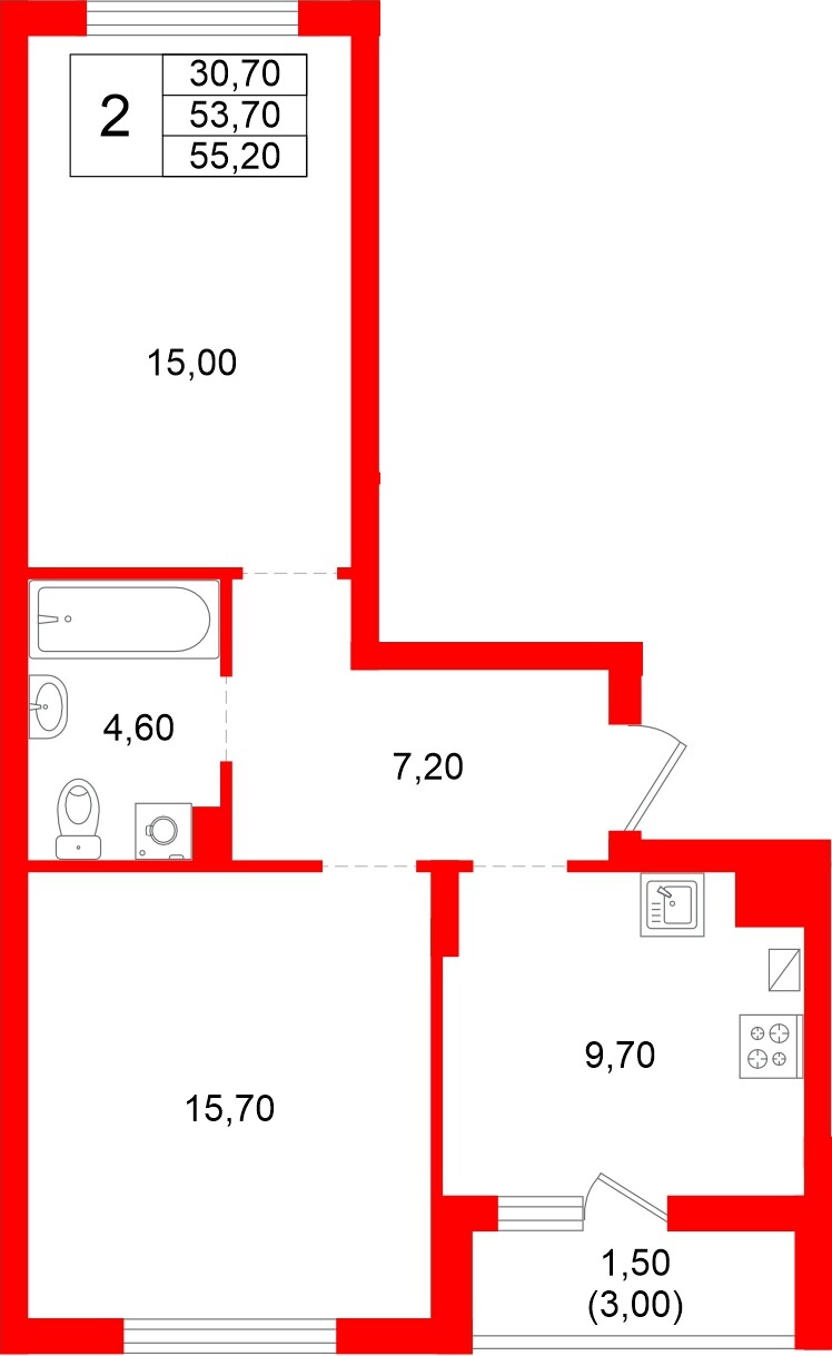 Квартира в ЖК Левада, 2 комнатная, 53.7 м², 1 этаж