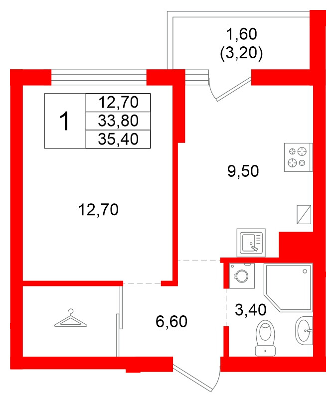 Квартира в ЖК Левада, 1 комнатная, 33.8 м², 1 этаж