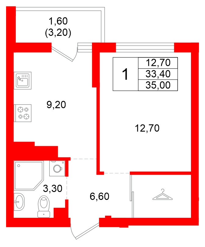 Квартира в ЖК Левада, 1 комнатная, 33.4 м², 6 этаж