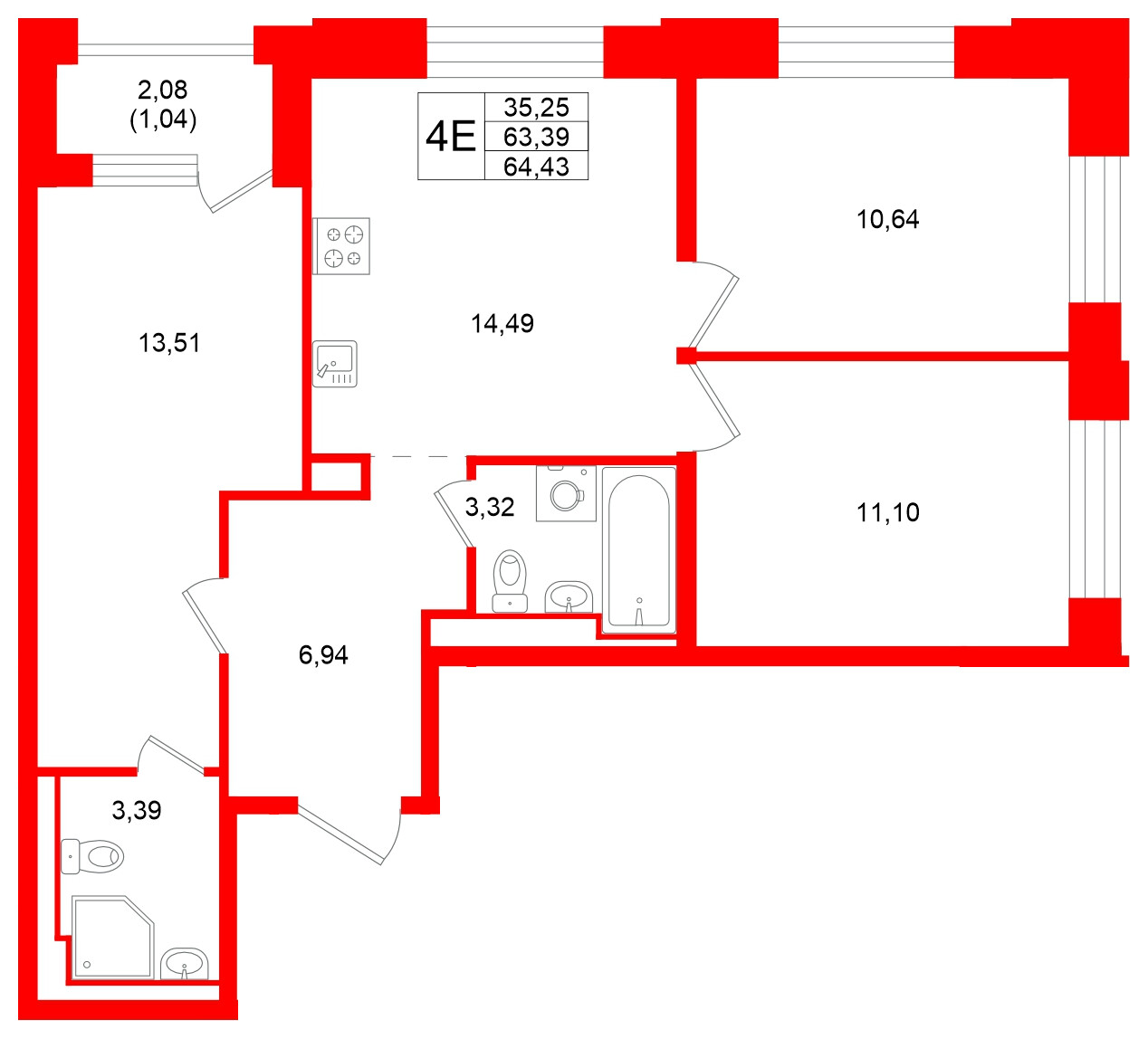 Квартира в ЖК «Кольский», 3 комнатная, 64.43 м², 4 этаж