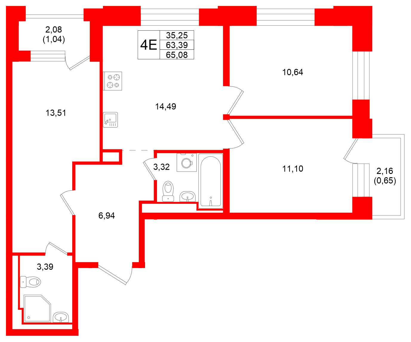 Квартира в ЖК «Кольский», 3 комнатная, 65.08 м², 6 этаж