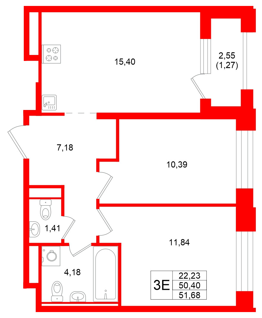 Квартира в ЖК «Кольский», 2 комнатная, 51.68 м², 3 этаж