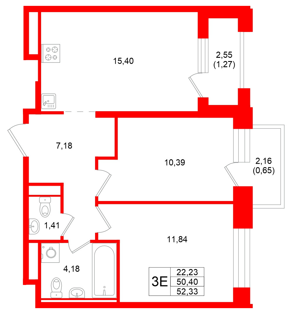 Квартира в ЖК «Кольский», 2 комнатная, 52.33 м², 12 этаж