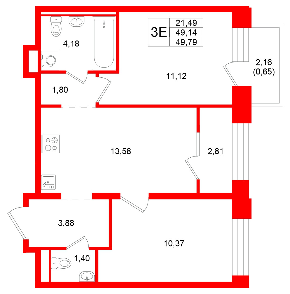 Квартира в ЖК «Кольский», 2 комнатная, 49.79 м², 7 этаж