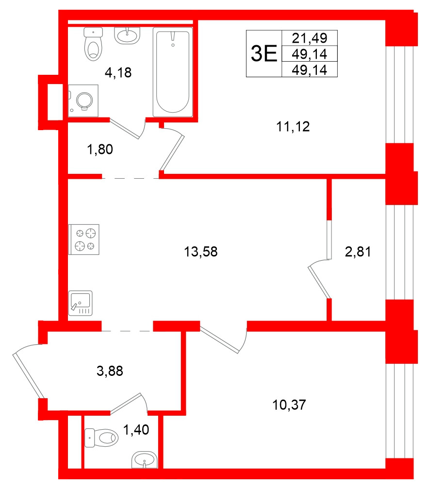 Квартира в ЖК «Кольский», 2 комнатная, 49.14 м², 15 этаж