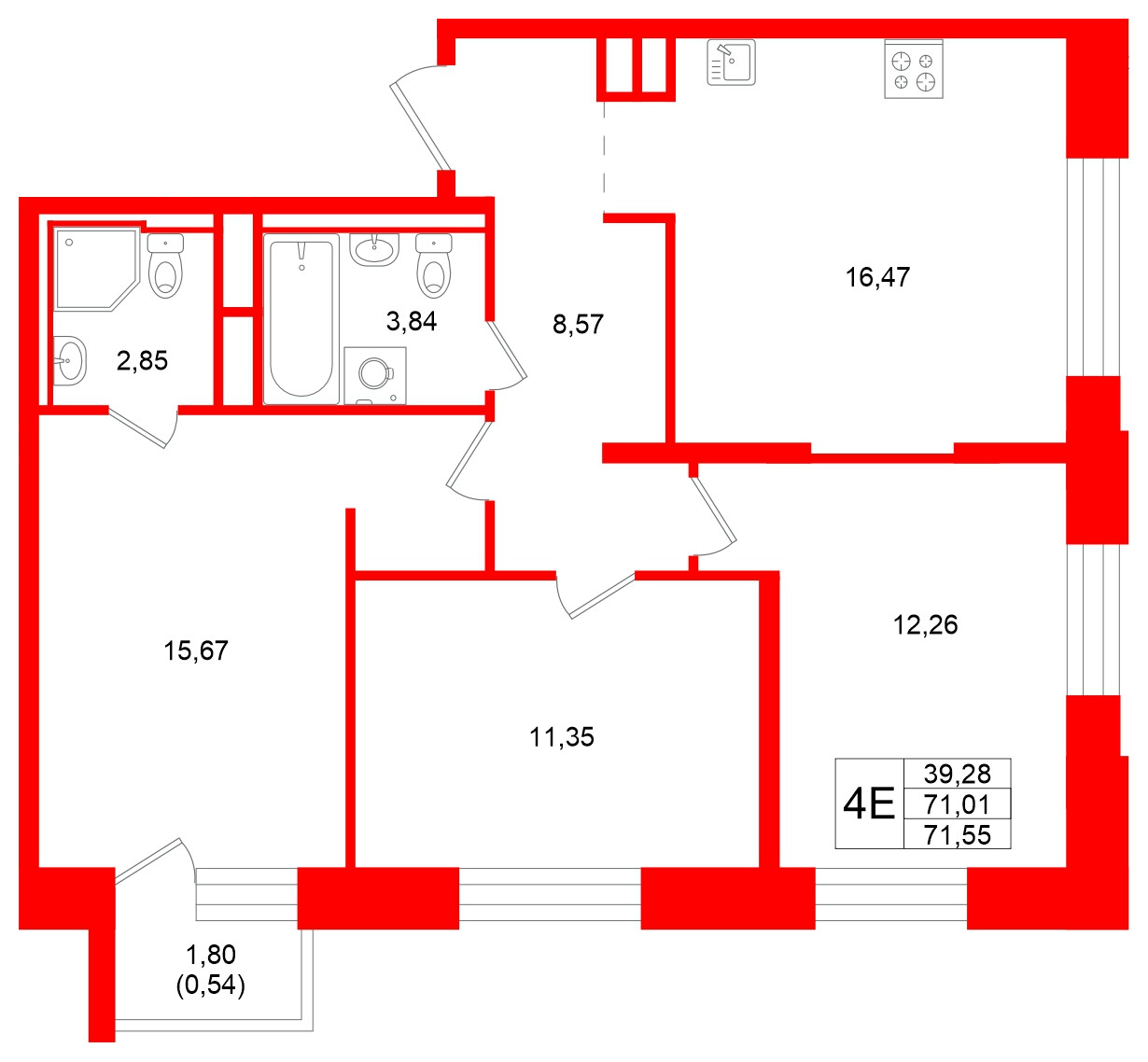 Квартира в ЖК «Кольский», 3 комнатная, 71.55 м², 8 этаж