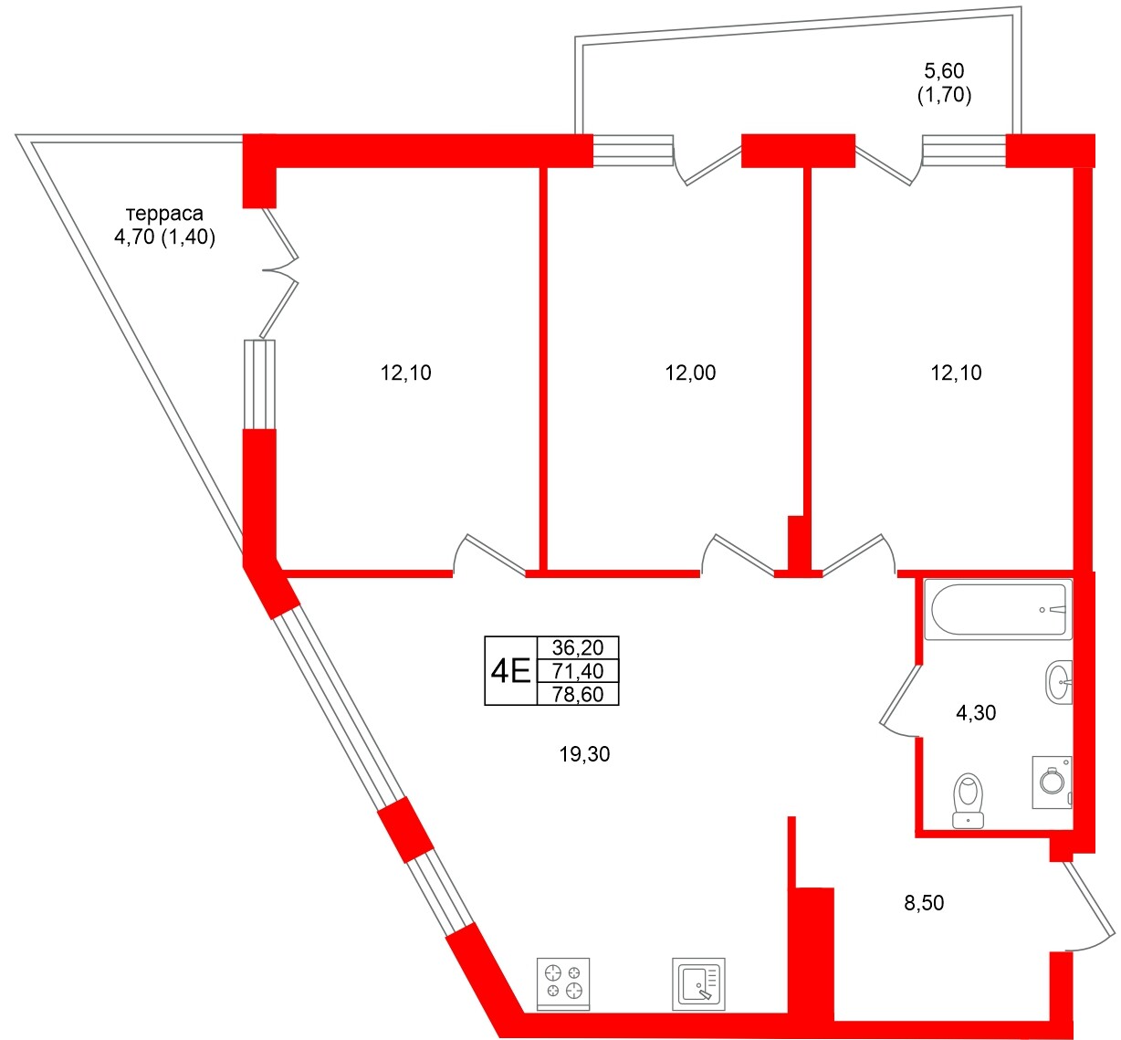 Квартира в ЖК «Кислород О2», 3 комнатная, 71.4 м², 2 этаж