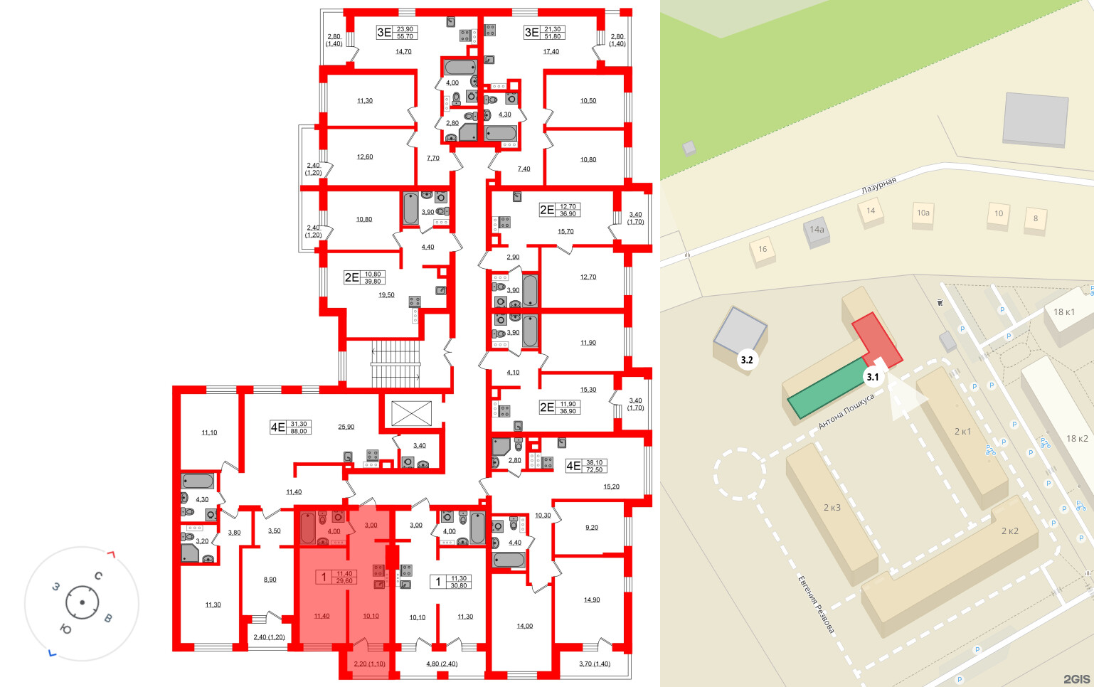 Квартира в ЖК «Ривер Парк», 1 комнатная, 29.6 м², 3 этаж