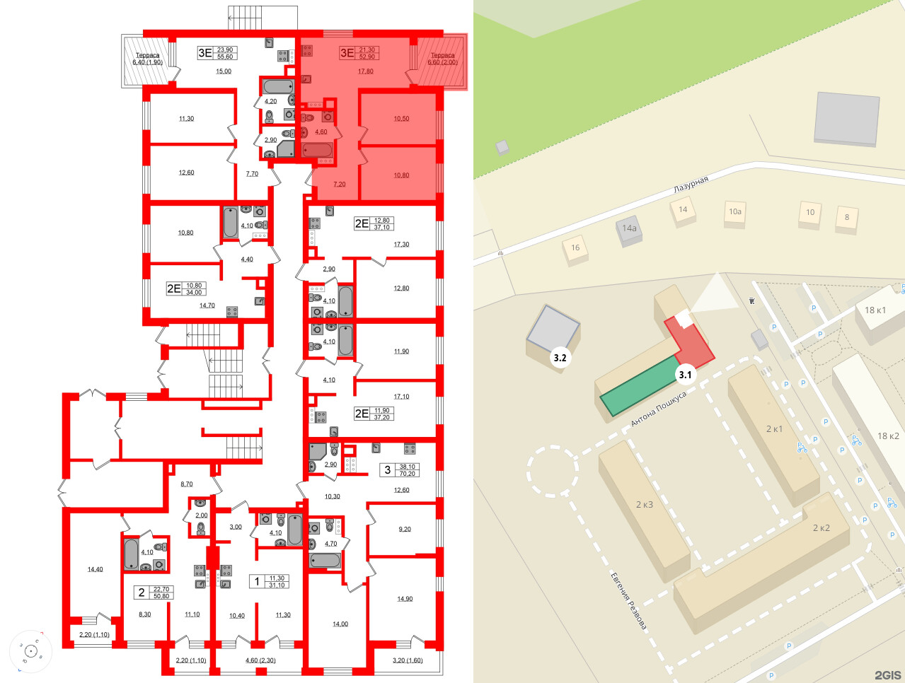 Квартира в ЖК «River Park», 2 комнатная, 52.9 м², 1 этаж
