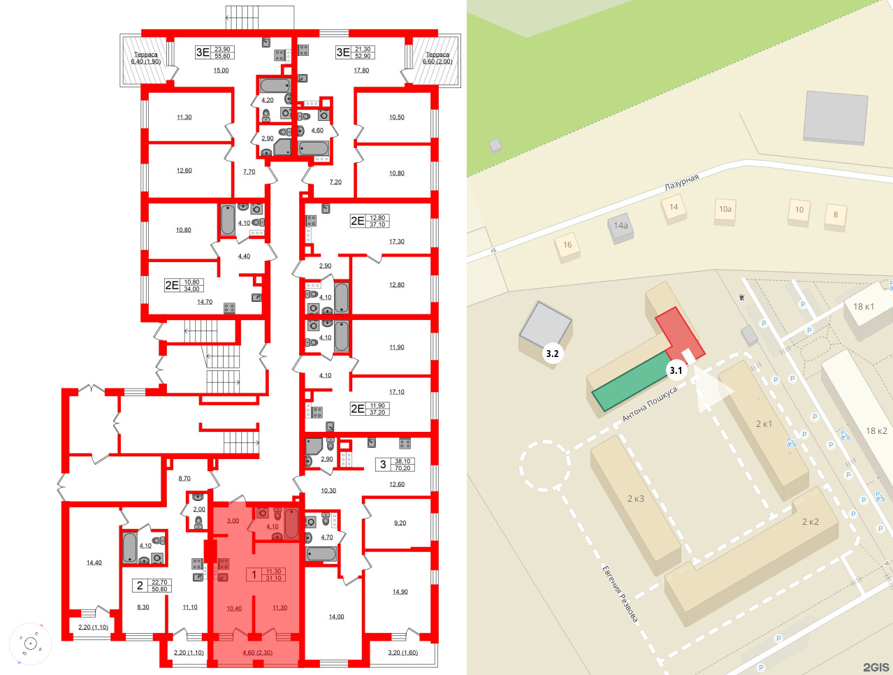 Квартира в ЖК «River Park», 1 комнатная, 31.1 м², 1 этаж