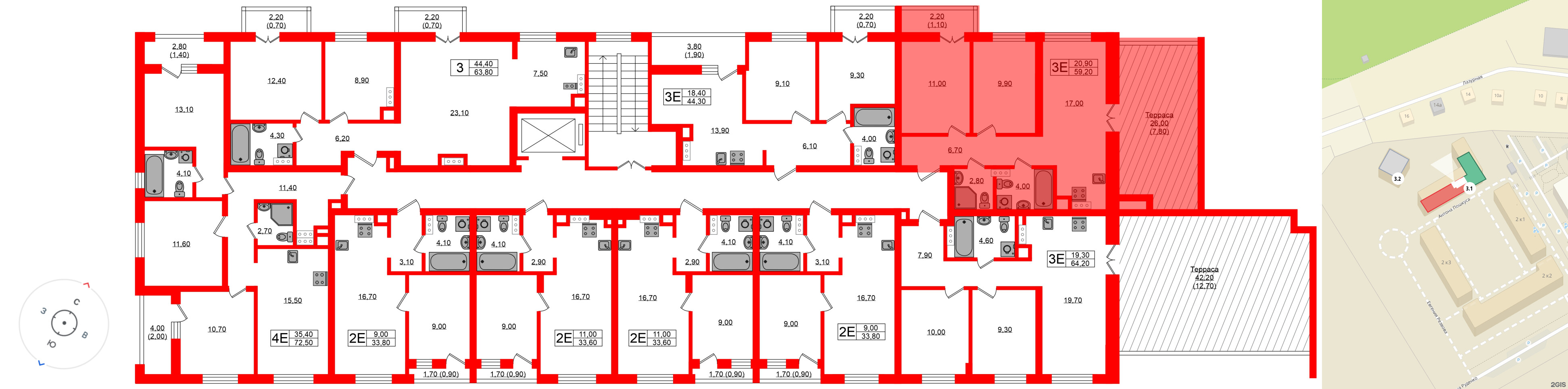 Квартира в ЖК «Речной Парк», 2 комнатная, 59.2 м², 7 этаж
