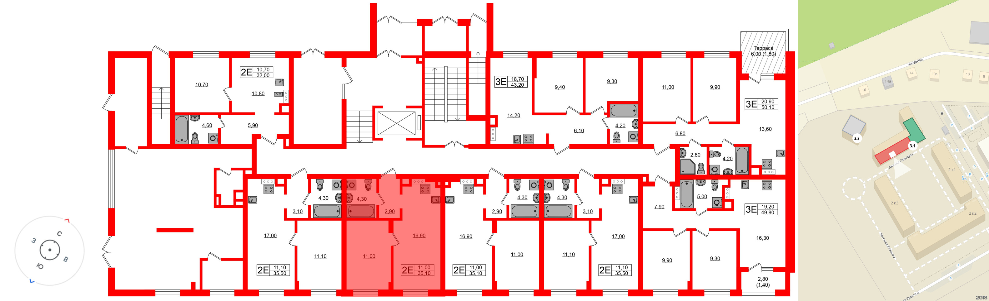 Квартира в ЖК «Ривер Парк», 1 комнатная, 35.1 м², 1 этаж