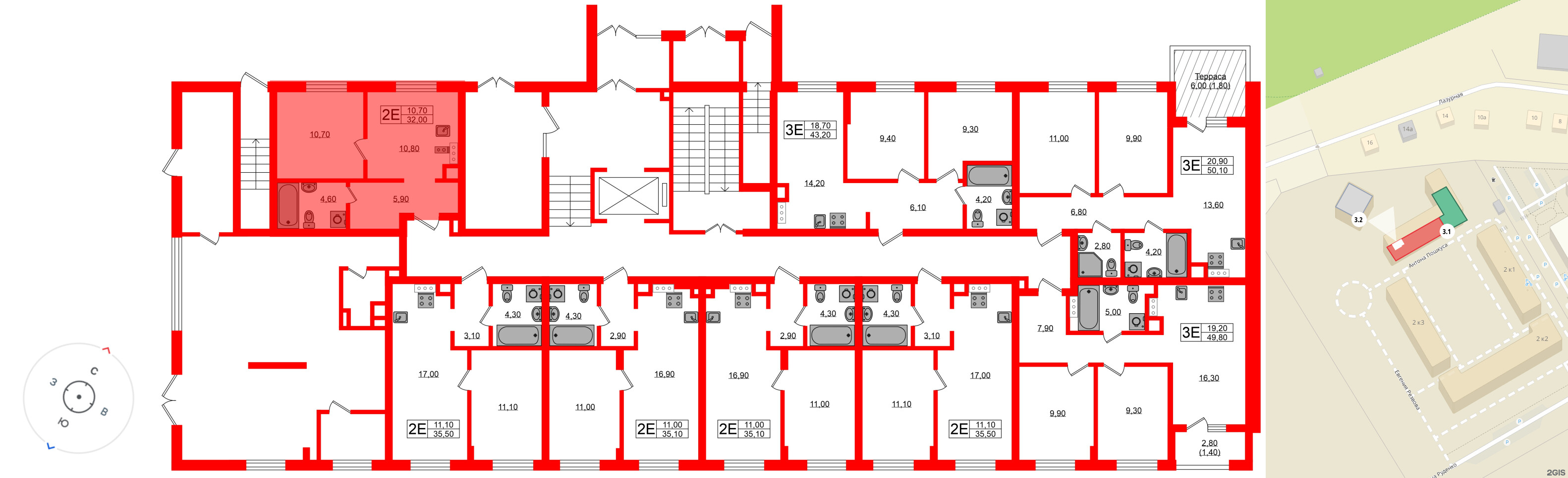 Квартира в ЖК «Ривер Парк», 1 комнатная, 32 м², 1 этаж