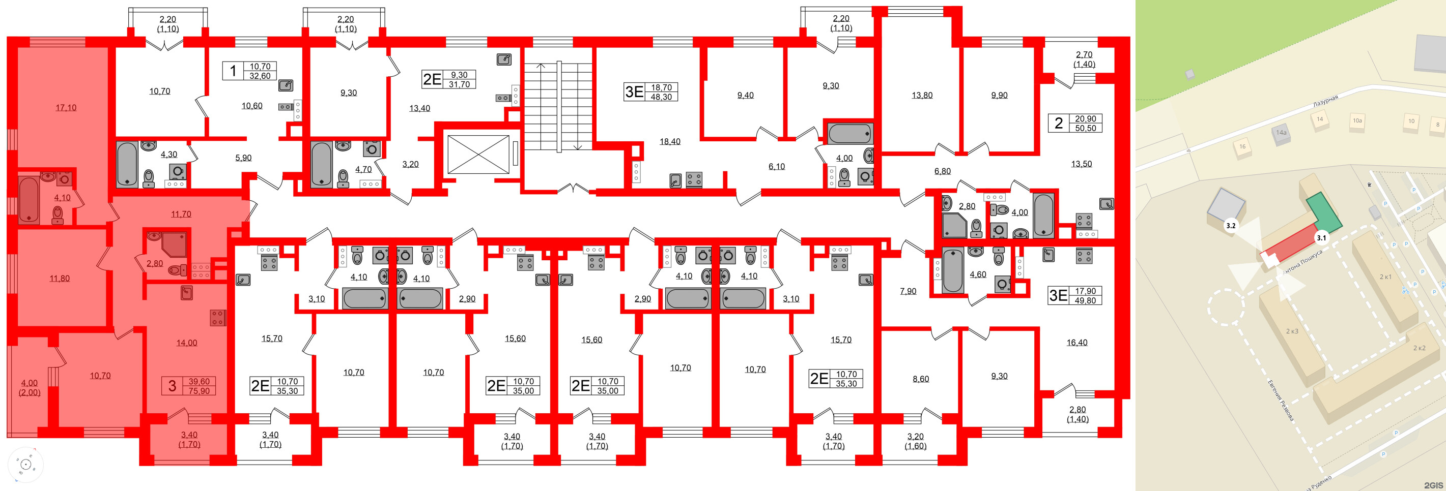 Квартира в ЖК «River Park», 3 комнатная, 75.9 м², 2 этаж