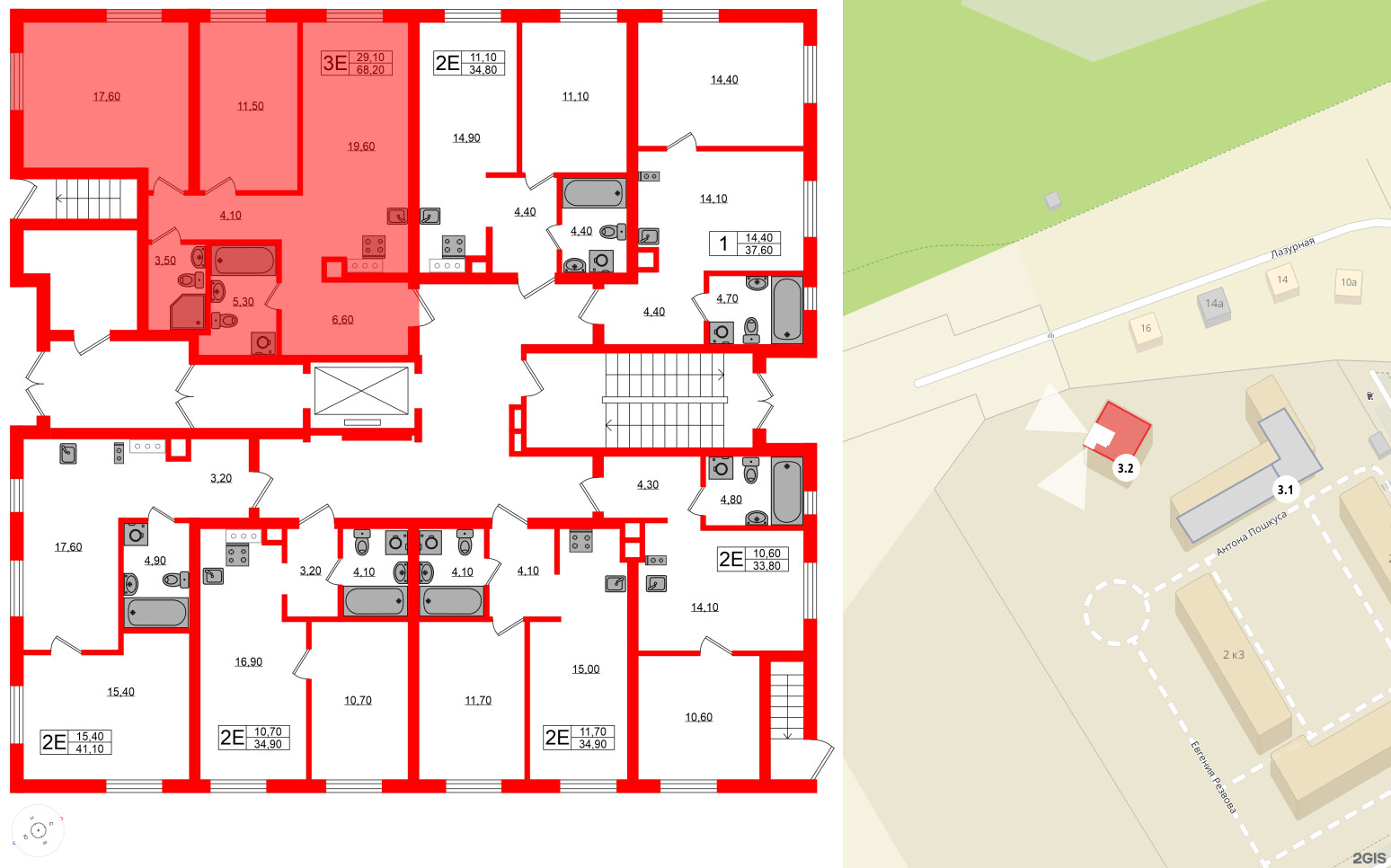 Квартира в ЖК «River Park», 2 комнатная, 68.2 м², 1 этаж