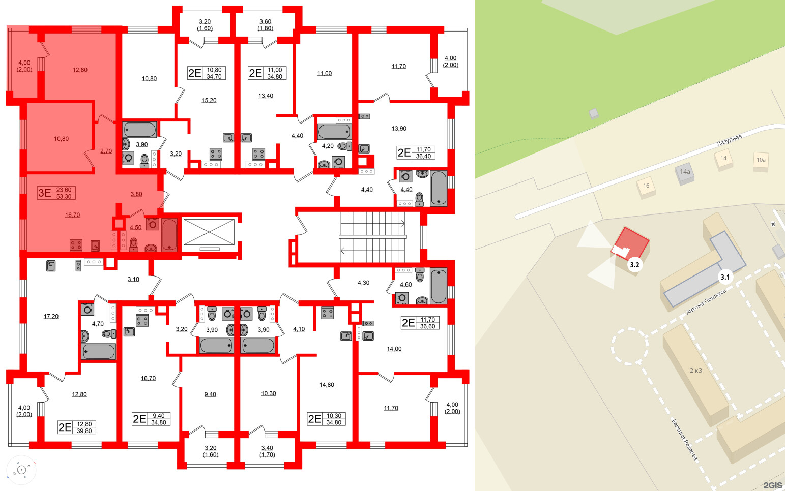 Квартира в ЖК «River Park», 2 комнатная, 53.3 м², 3 этаж