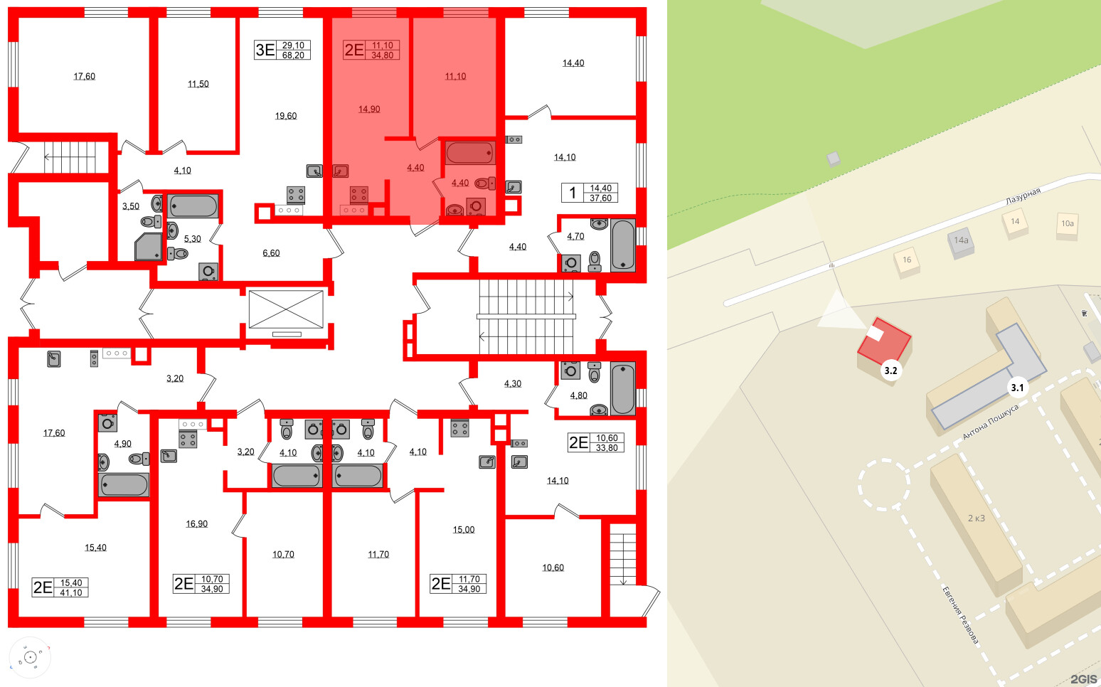 Квартира в ЖК «River Park», 1 комнатная, 34.8 м², 1 этаж