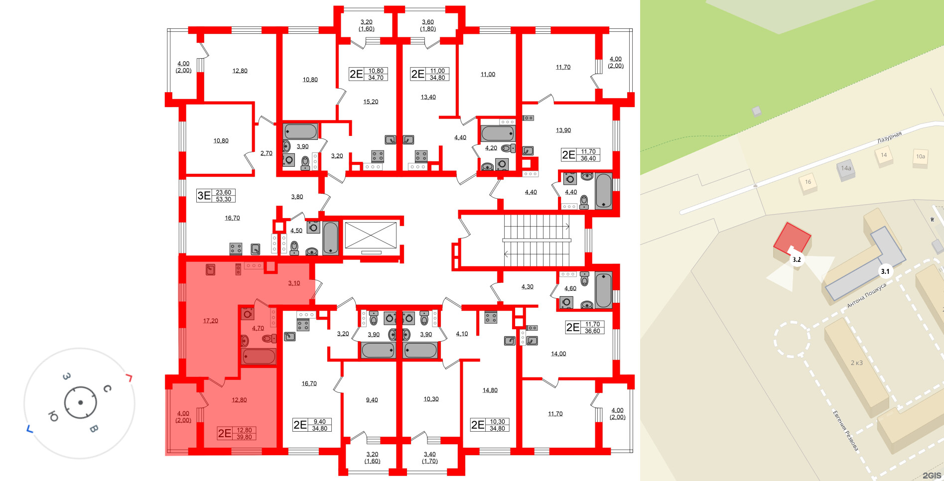 Квартира в ЖК «Речной Парк», 1 комнатная, 39.8 м², 3 этаж