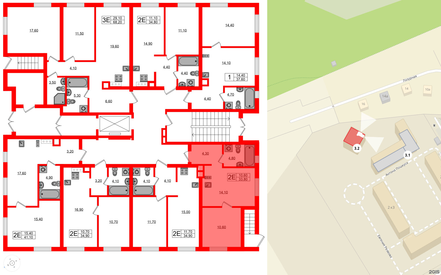 Квартира в ЖК «River Park», 1 комнатная, 33.8 м², 1 этаж
