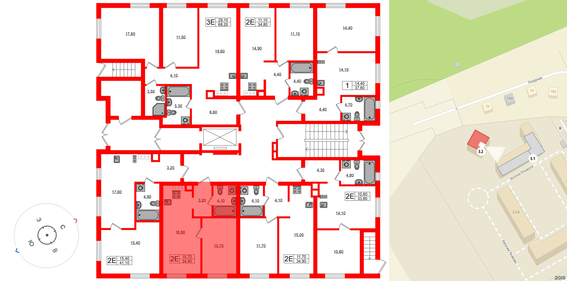 Квартира в ЖК «Ривер Парк», 1 комнатная, 34.9 м², 1 этаж
