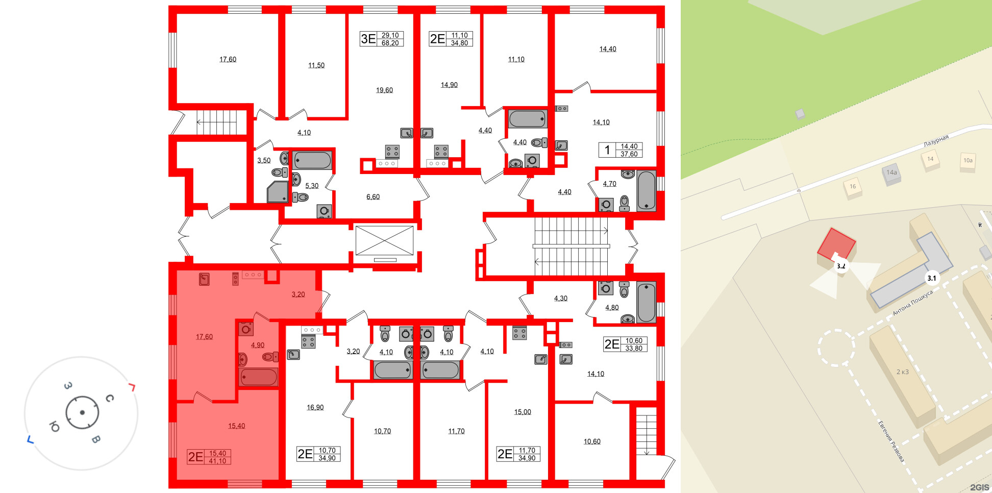 Квартира в ЖК «Ривер Парк», 1 комнатная, 41.1 м², 1 этаж