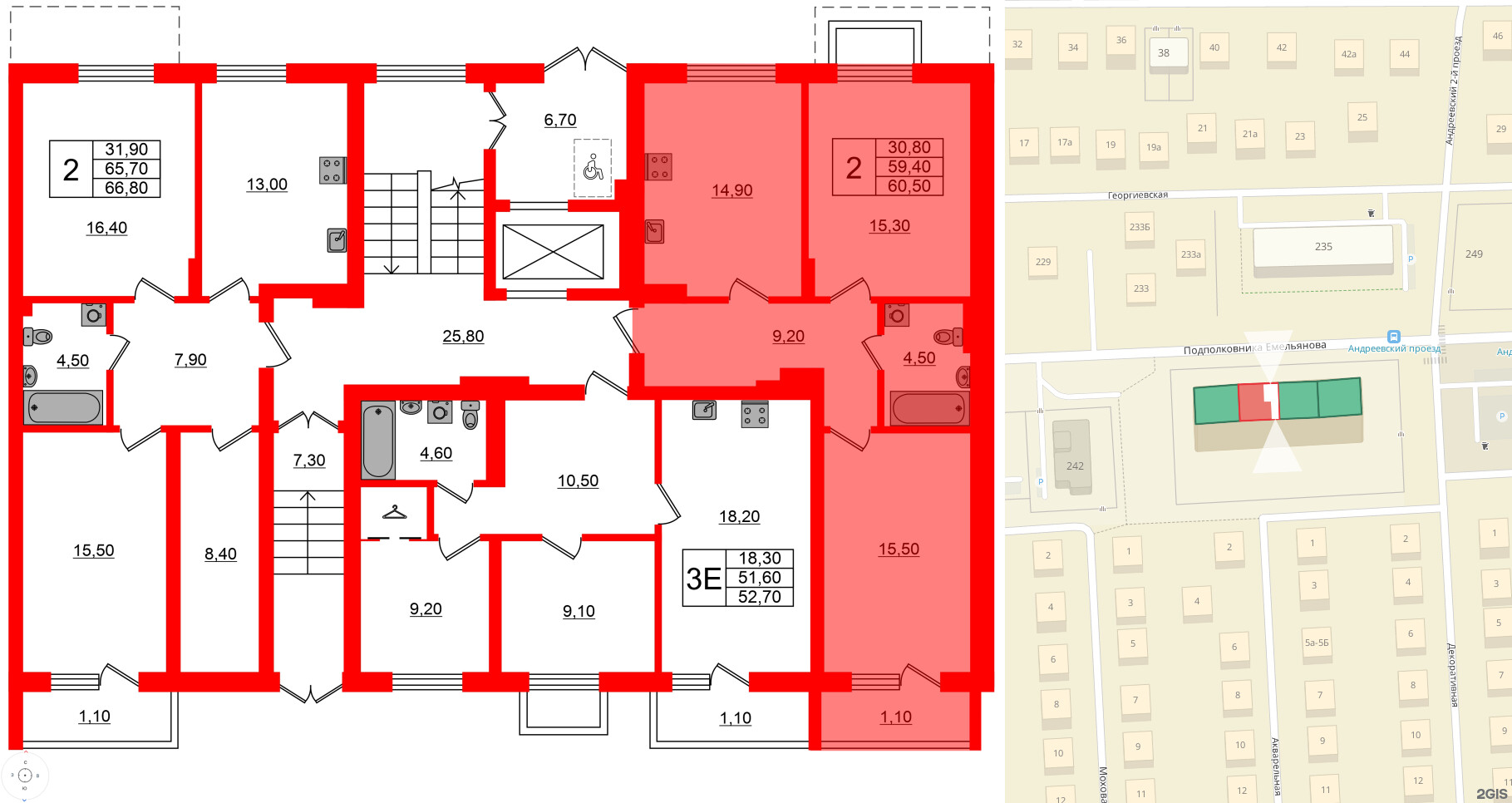 Квартира в ЖК Астория, 2 комнатная, 60.5 м², 1 этаж
