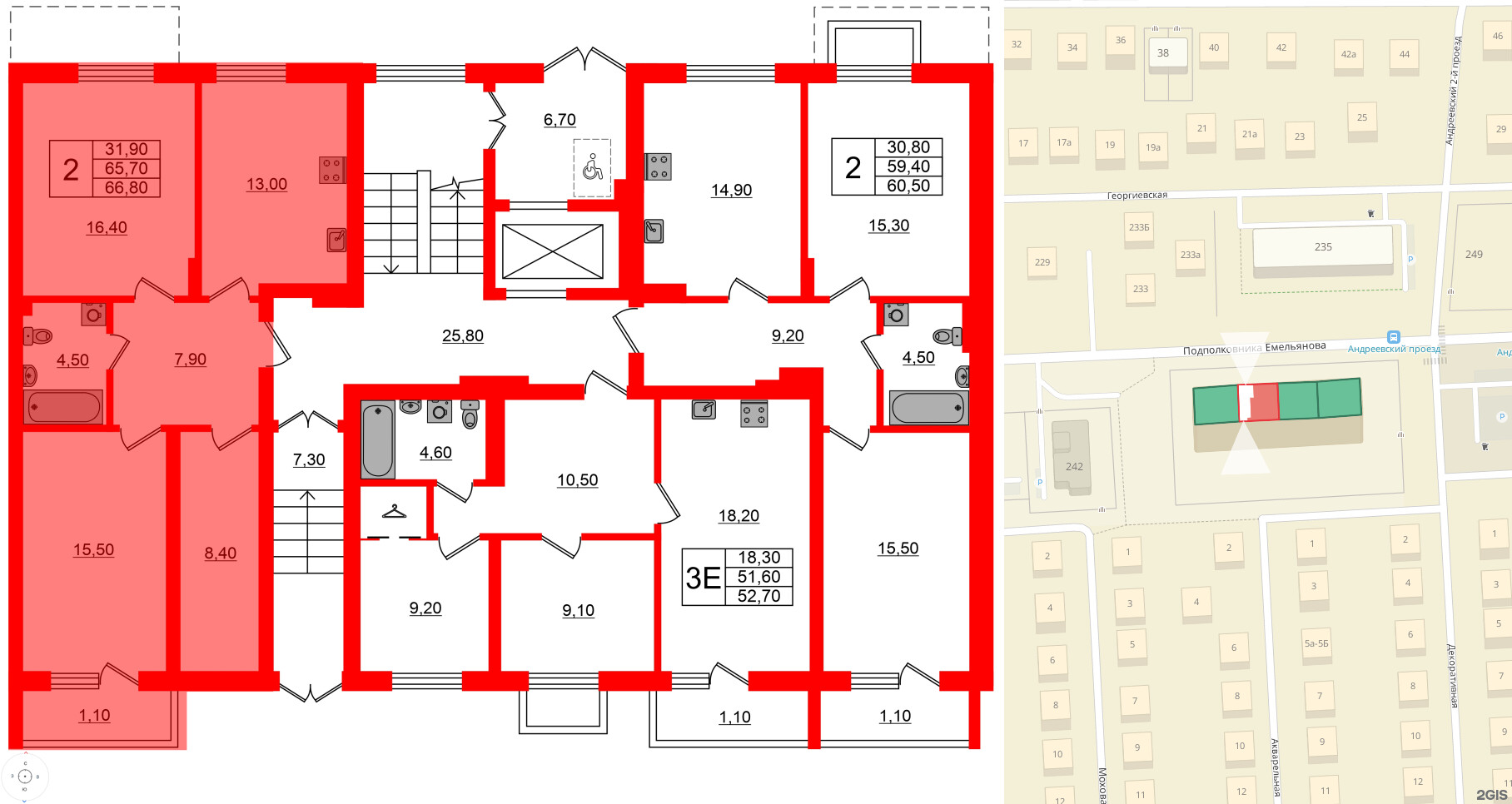 Квартира в ЖК Астория, 2 комнатная, 66.8 м², 1 этаж