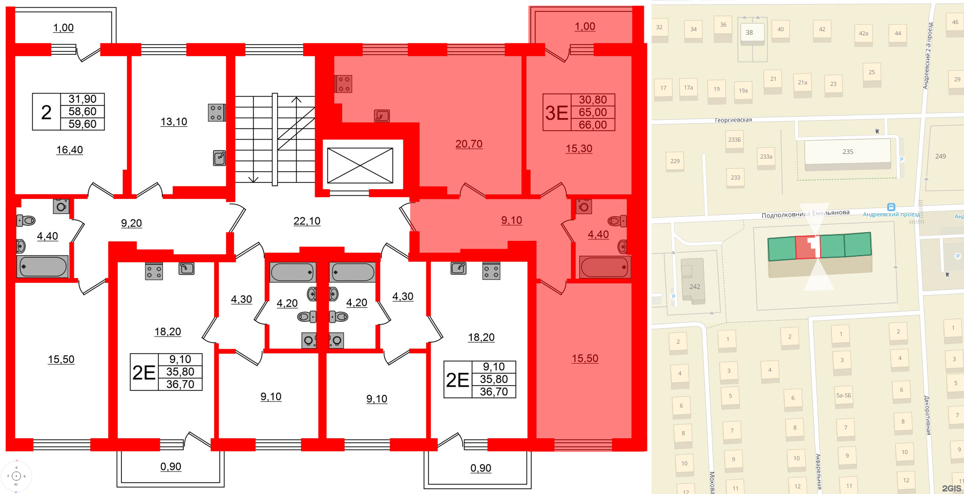 Квартира в ЖК Астория, 2 комнатная, 66 м², 2 этаж