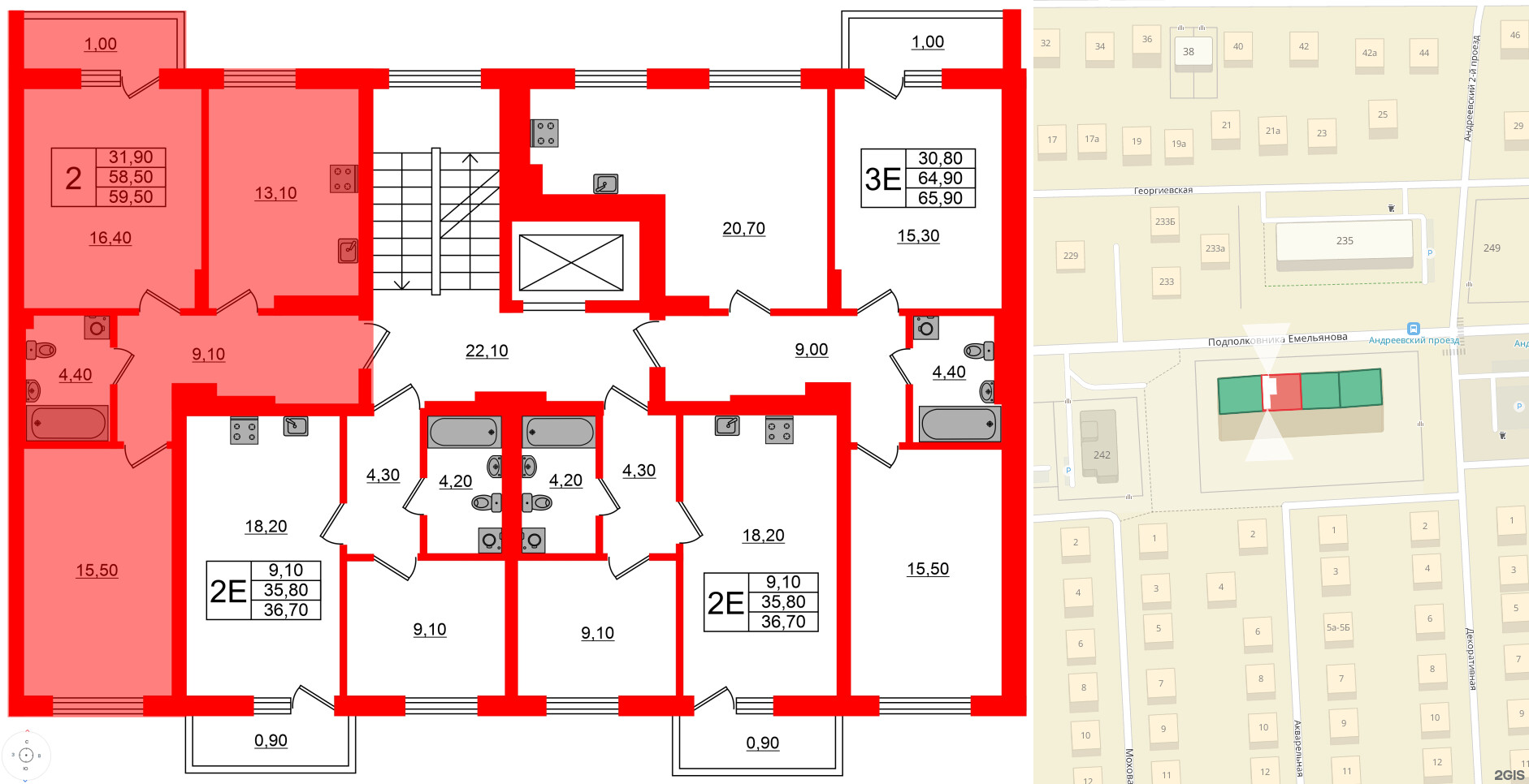 Квартира в ЖК Астория, 2 комнатная, 59.5 м², 4 этаж