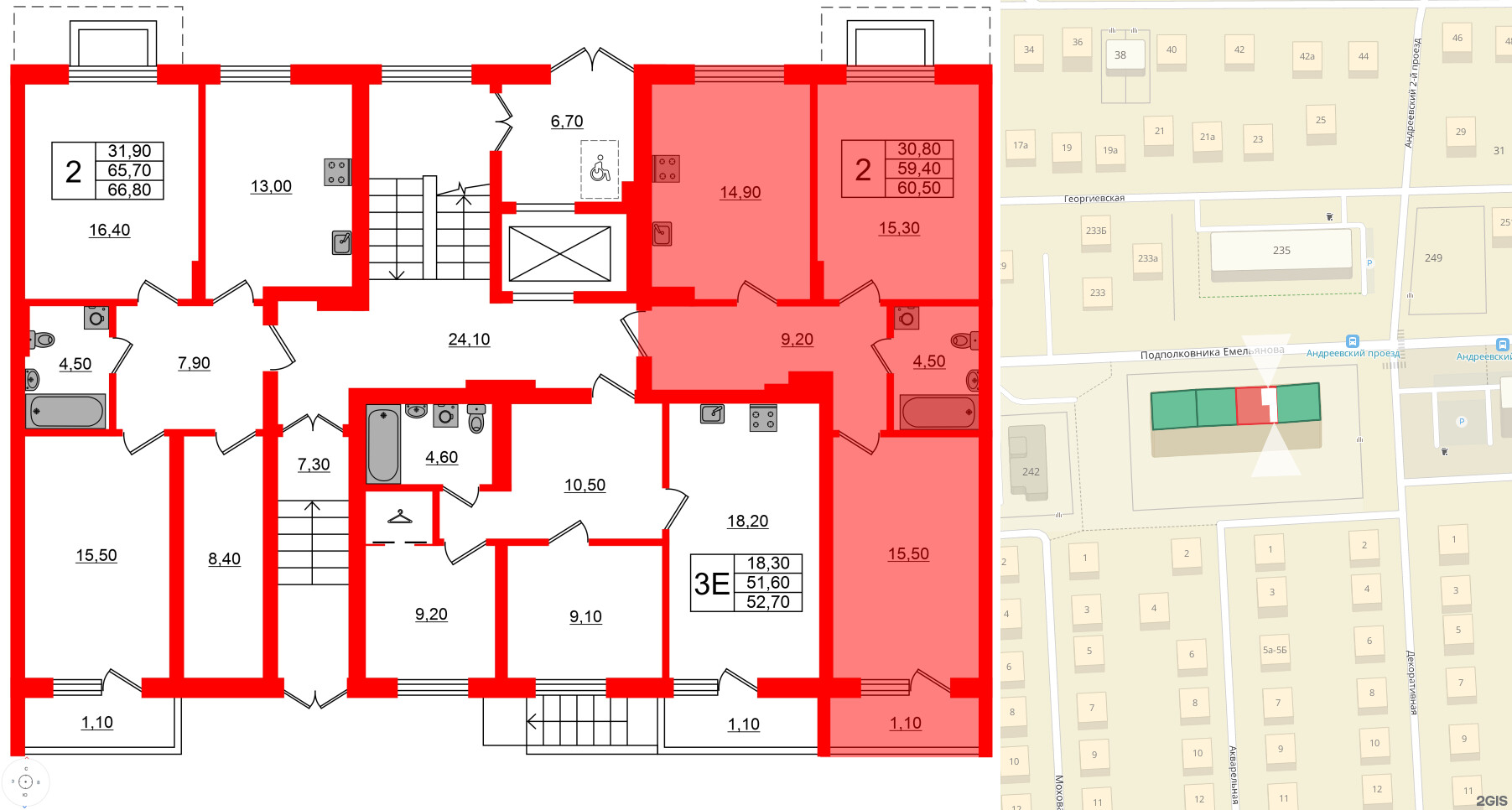 Квартира в ЖК Астория, 2 комнатная, 60.5 м², 1 этаж