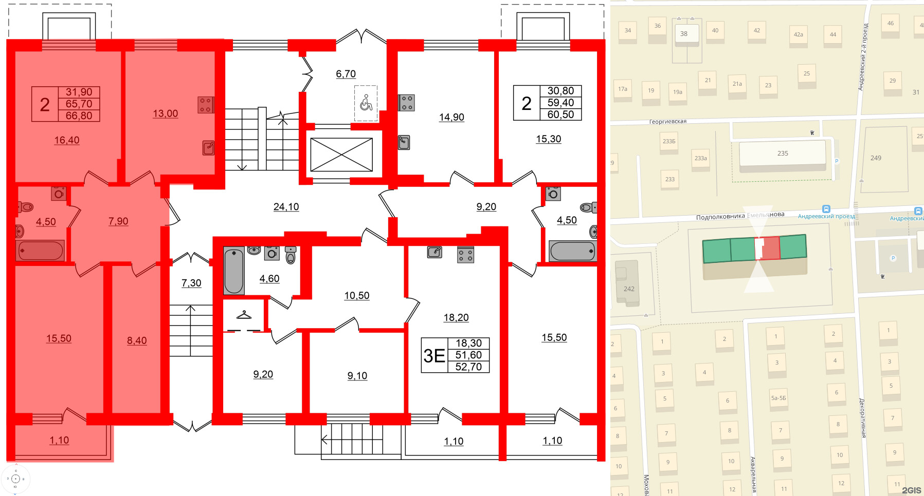 Квартира в ЖК Астория, 2 комнатная, 66.8 м², 1 этаж