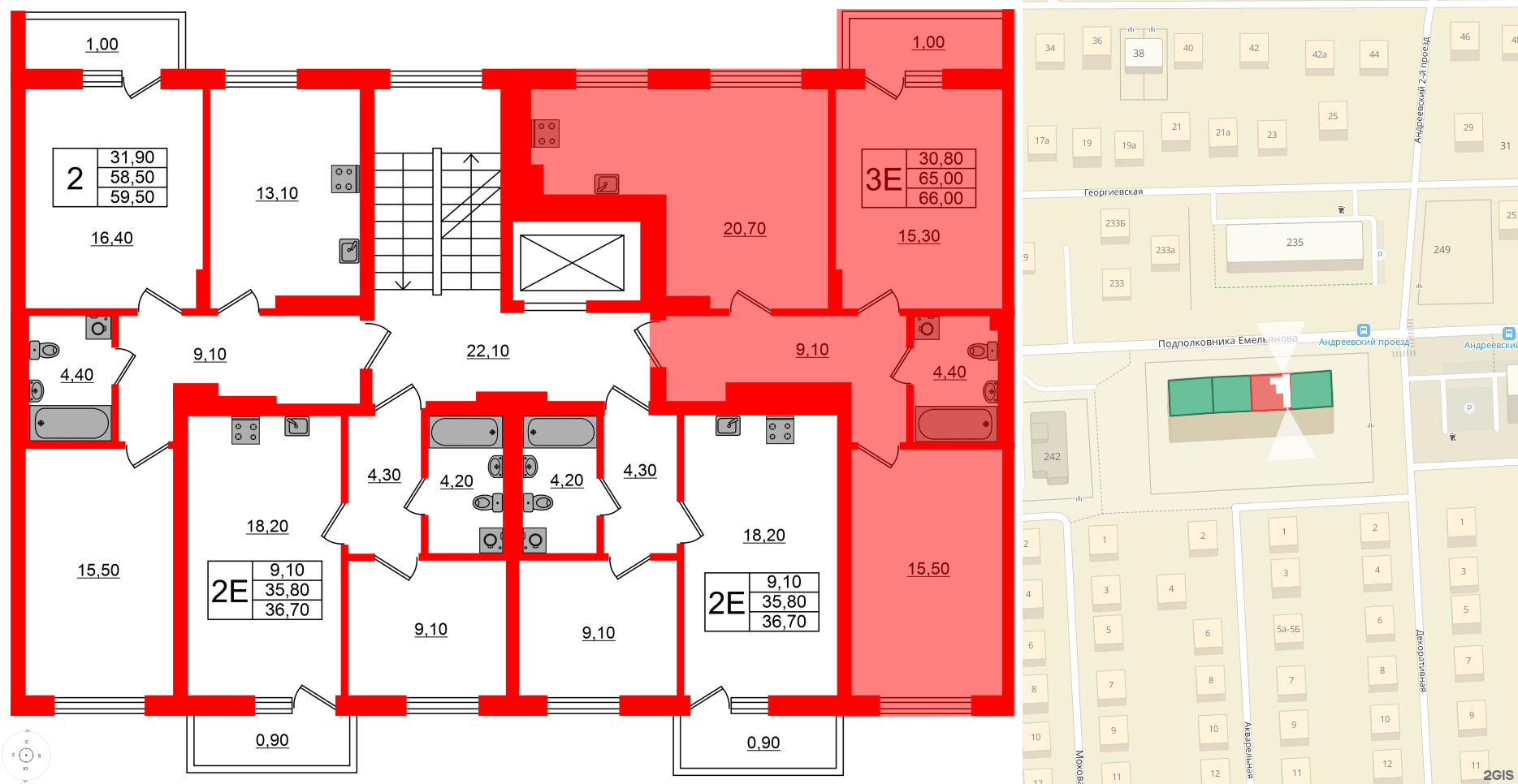 Квартира в ЖК Астория, 2 комнатная, 66 м², 3 этаж