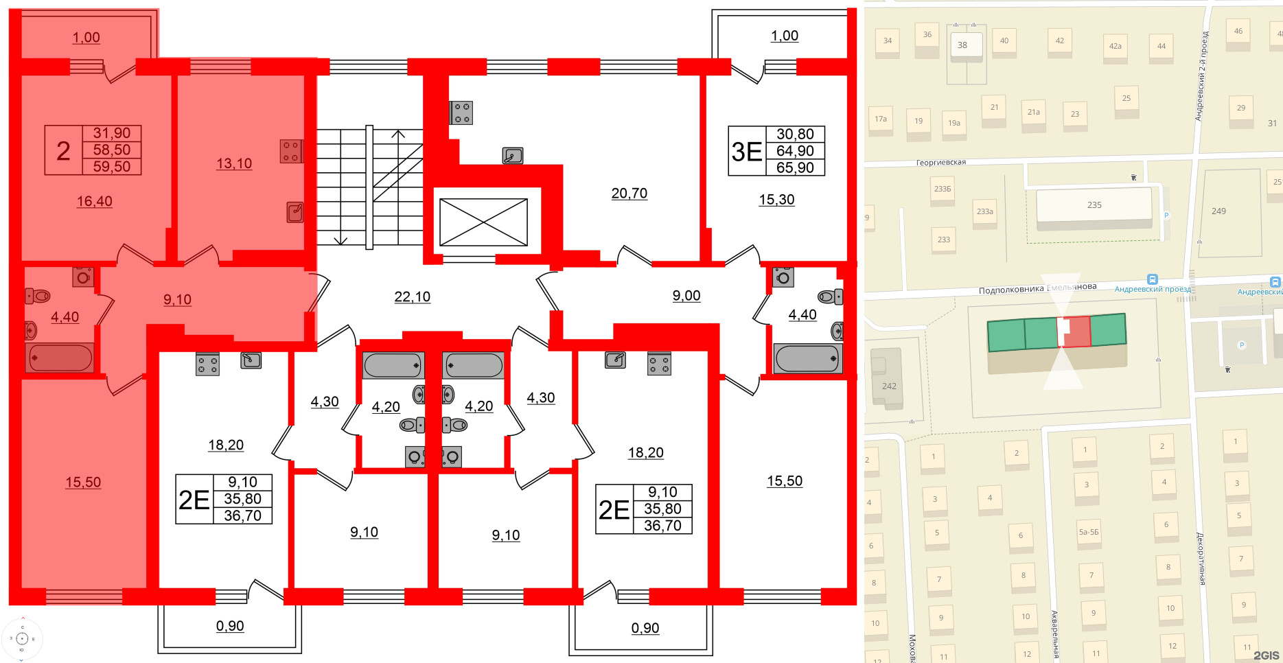Квартира в ЖК Астория, 2 комнатная, 59.5 м², 4 этаж