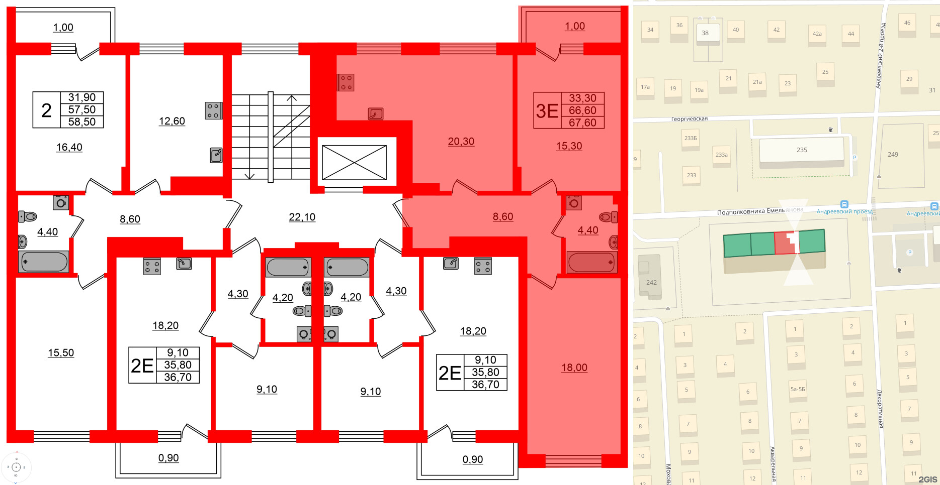 Квартира в ЖК Астория, 2 комнатная, 67.6 м², 8 этаж