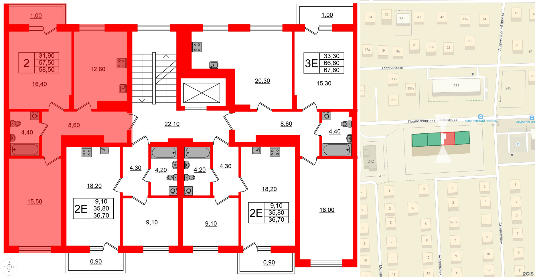 Квартира в ЖК Астория, 2 комнатная, 58.5 м², 7 этаж