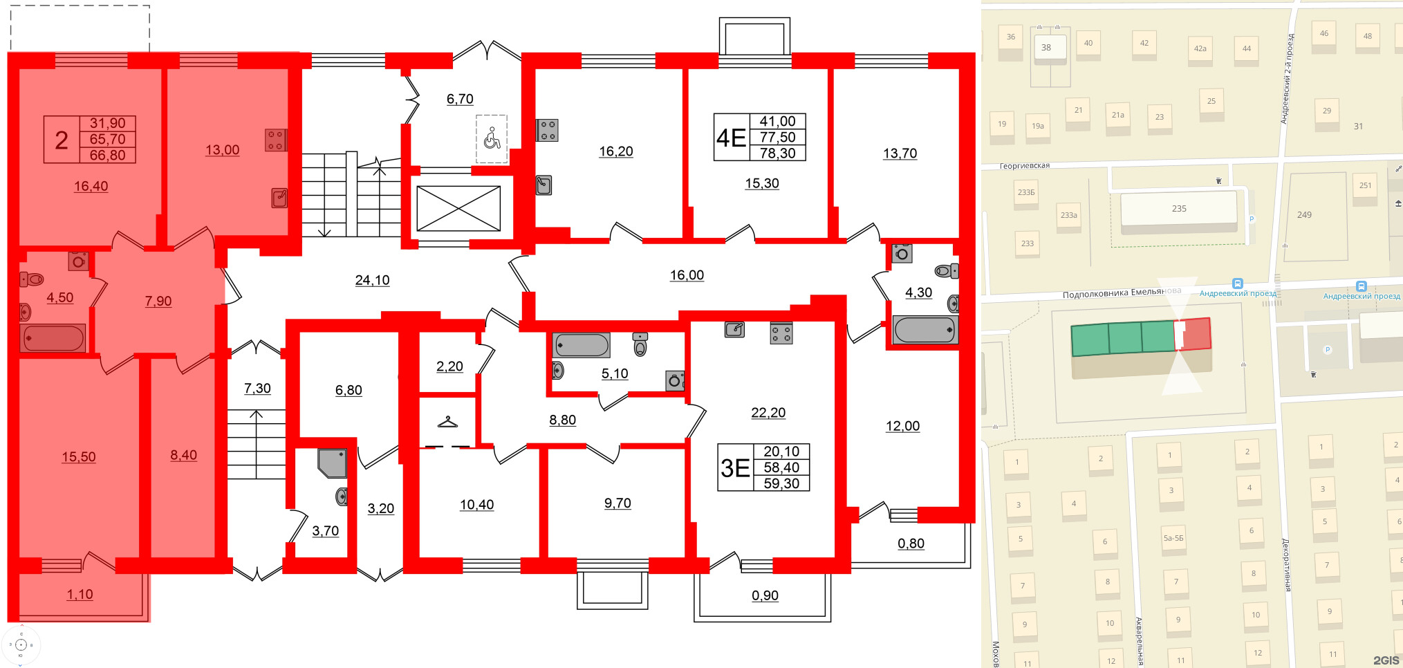 Квартира в ЖК Астория, 2 комнатная, 66.8 м², 1 этаж