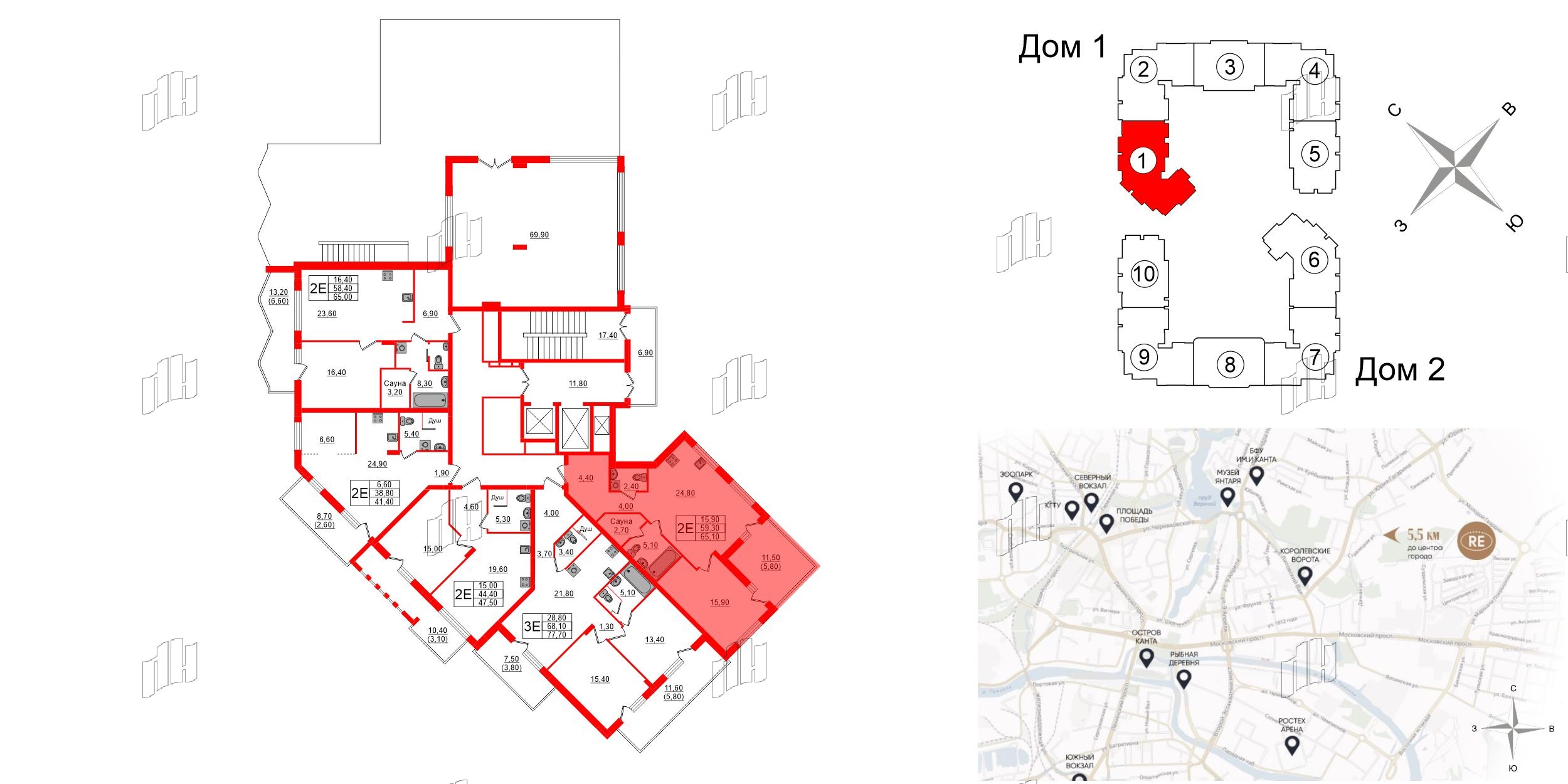 Квартира в ЖК «Вдохновение» ЭКОквартал «Русская Европа», 1 комнатная, 65.1 м², 12 этаж