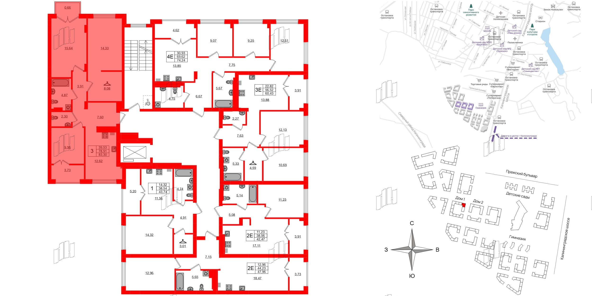 Квартира в ЖК «Включи», 3 комнатная, 83.3 м², 2 этаж