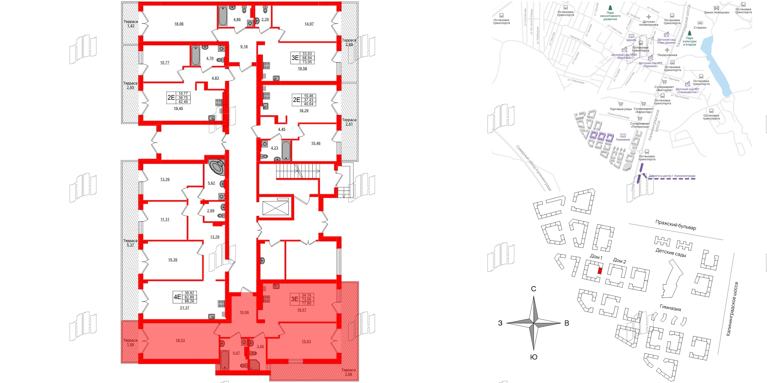 Квартира в ЖК «Включи», 2 комнатная, 77.8 м², 1 этаж