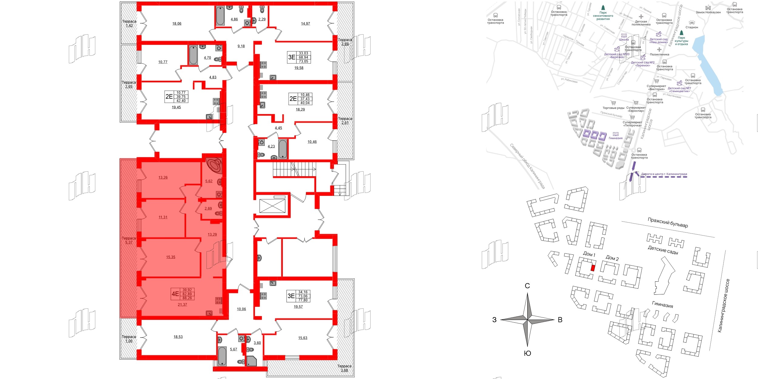 Квартира в ЖК «Включи», 3 комнатная, 88.26 м², 1 этаж
