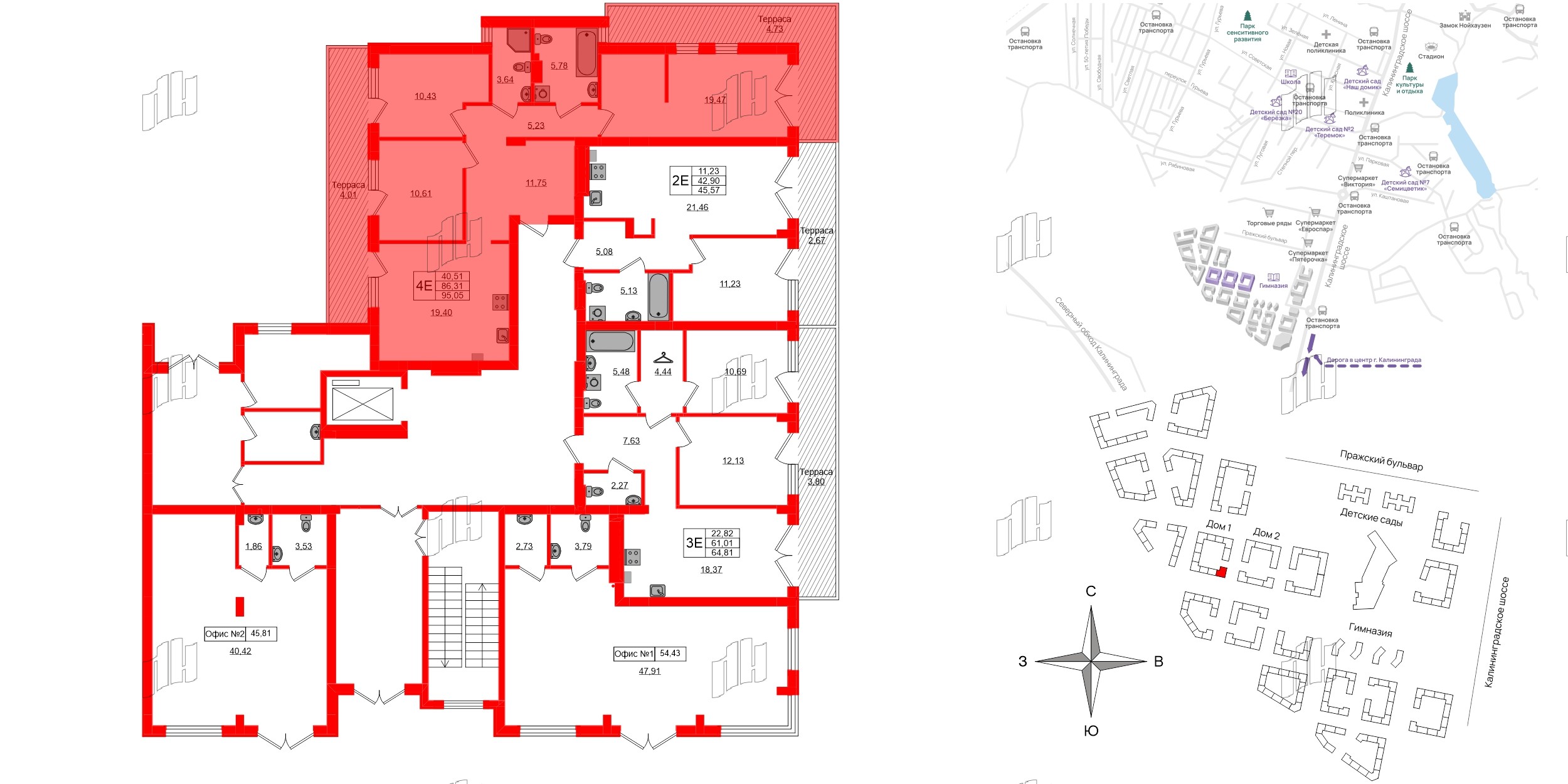 Квартира в ЖК «Включи», 3 комнатная, 95.05 м², 1 этаж