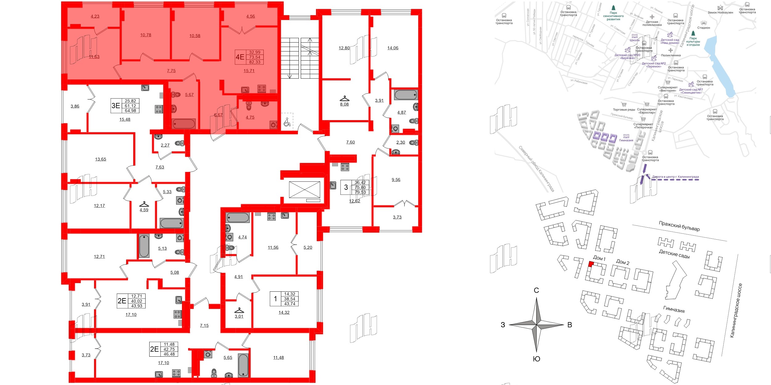 Квартира в ЖК «Включи», 3 комнатная, 82.33 м², 6 этаж