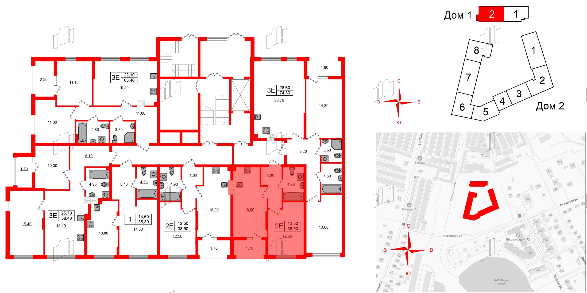 Квартира в ЖК «Дом на Красной», 1 комнатная, 38.9 м², 1 этаж