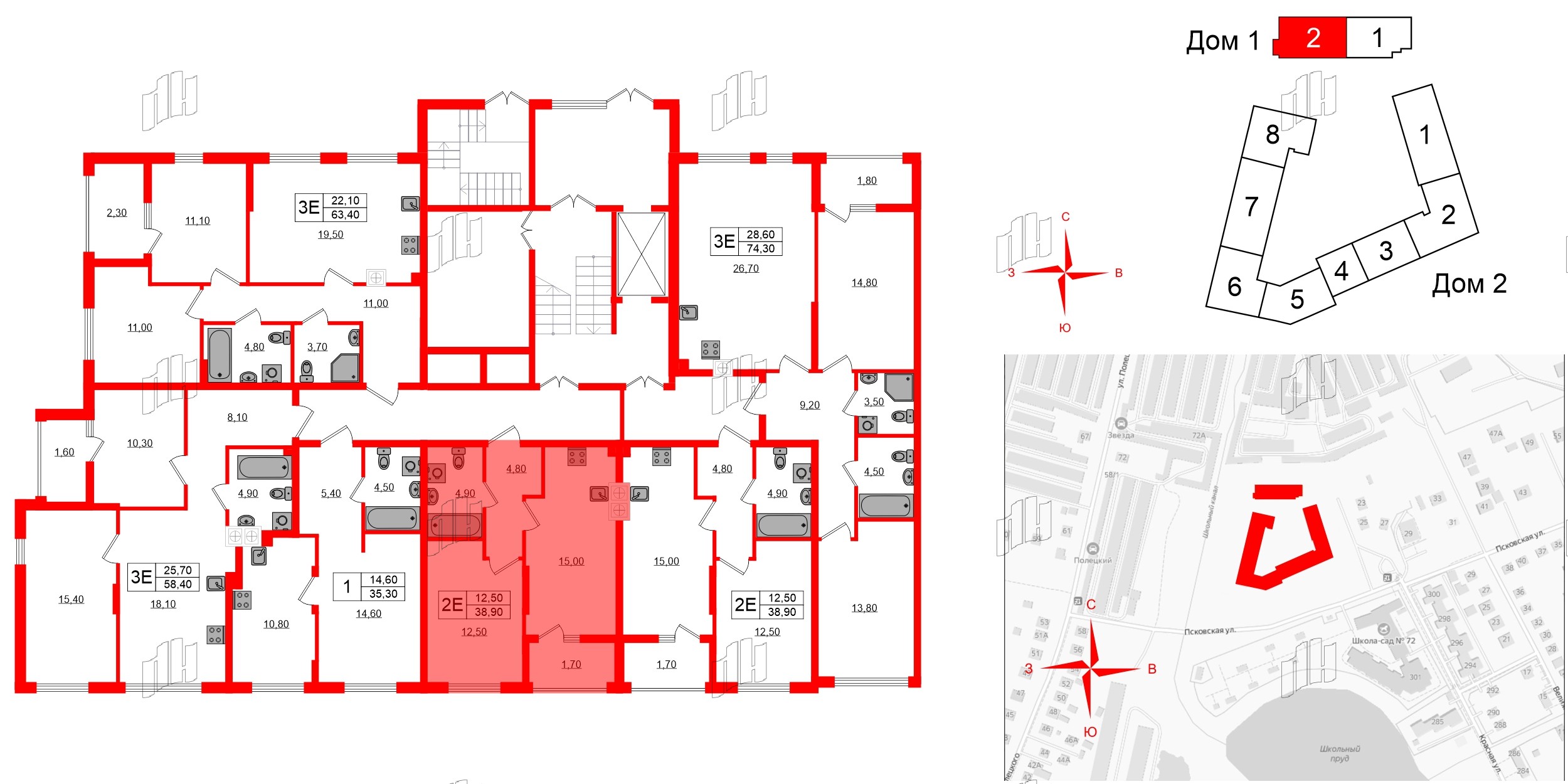 Квартира в ЖК «Дом на Красной», 1 комнатная, 38.9 м², 1 этаж
