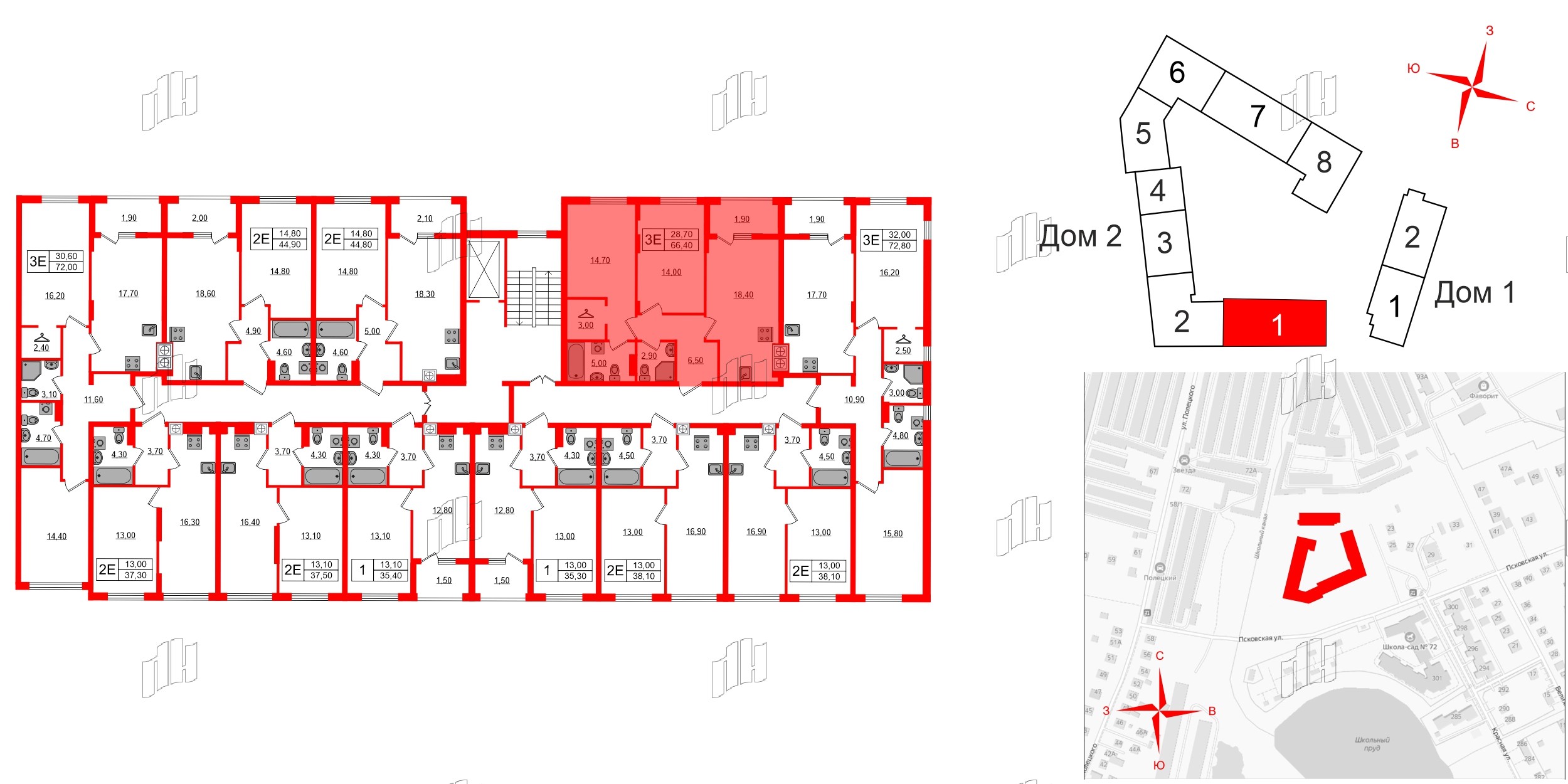 Квартира в ЖК «Дом на Красной», 2 комнатная, 66.4 м², 2 этаж
