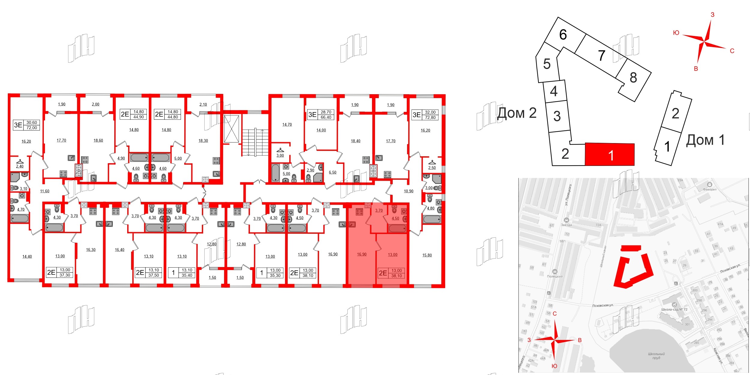 Квартира в ЖК «Дом на Красной», 1 комнатная, 38.1 м², 2 этаж